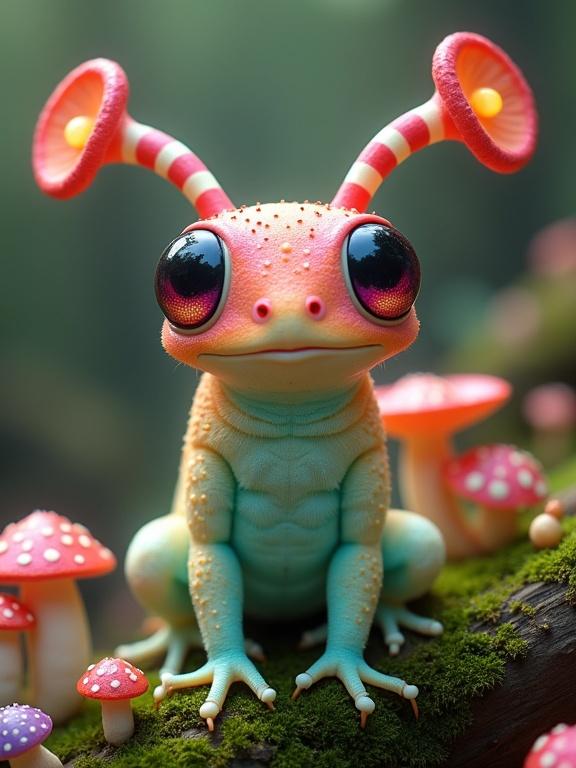 Vividly imaginative creature in a fantasy forest. Creature blends characteristics of insects, amphibians, and mushrooms. Stylized appearance like a magical animated film character. Perched on moss-covered surface surrounded by colorful mushrooms. Soft focus background enhances vibrant colors.