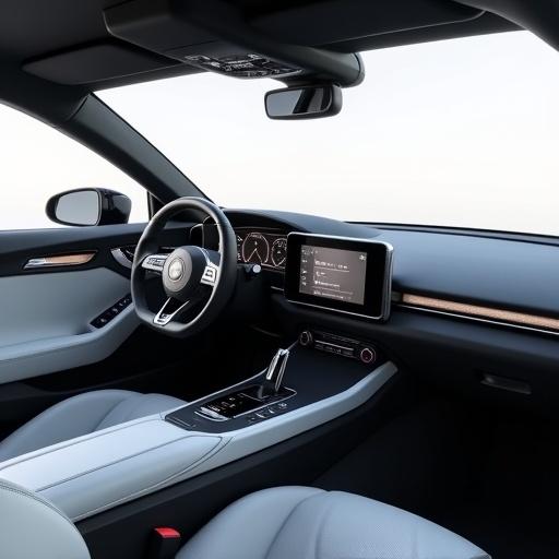Sleek interior of a modern car with minimalist design. Central touchscreen visible. Stylish steering wheel featured prominently. Clean and modern aesthetics.