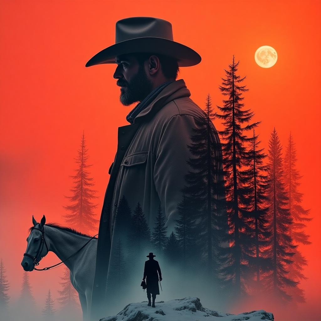 Double exposure artwork blends Arthur Morgan’s silhouette with American frontier landscapes. Includes snow-covered pine forests and a lone horse. Features vibrant colors and a glowy red background with sharp monochrome contrasts.