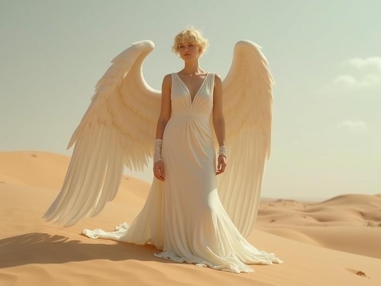 A beautiful angel in a white flowing dress stands in a vast desert with soft dunes. Large wings extend gracefully behind her. The scene captures a mystical and serene atmosphere under a bright sky.