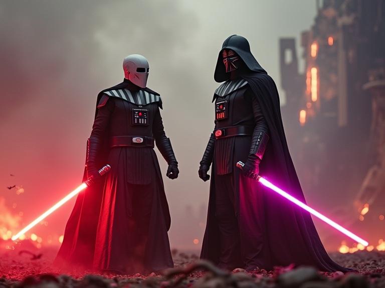 Cinematic scene showing two powerful Star Wars characters. Starkiller is on the left with a double-bladed lightsaber. Darth Revan is on the right with glowing red and purple lightsaber. Background shows a destroyed futuristic battlefield with smoke and glowing ruins. Dramatic atmosphere with epic lighting and detailed armor.