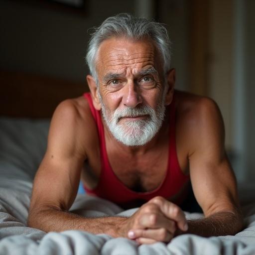 A fit elder man in a bedroom setting laying on a bed. The subject has a muscular body and short gray hair. He has a light beard and is shirtless wearing a red bikini. The scene is captured in high detail with rich textures and an eye-level perspective.