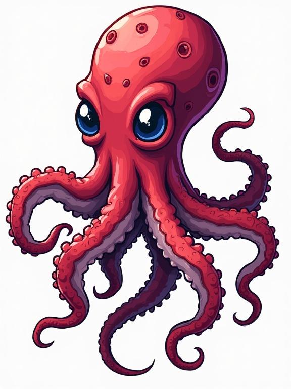 Drawing of a cartoon-style octopus for a T-shirt design. The octopus has large expressive eyes and vibrant tentacles. No background. In PNG format.