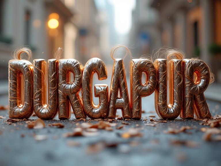 Ultra-realistic surreal artwork of the word DURGAPUR made from shiny metallic elements mixed with luxurious hair textures. Each letter shows unique hairstyles like buns and curls, merging beautifully with the metal. Image has high contrast and vibrant colors, with a soft dreamy background. Suitable for hair and beauty seminar advertising.