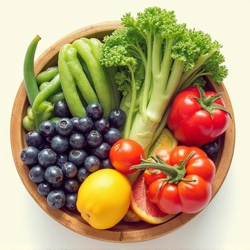 Fresh fruits and vegetables arranged in a wooden bowl. Includes green peppers, blueberries, celery, tomatoes, yellow lemon, and orange slices.