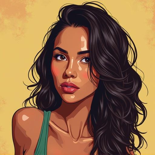 Beautiful woman in front of a microphone with headphones for a podcast. Long dark hair and a confident expression. Warm background color.