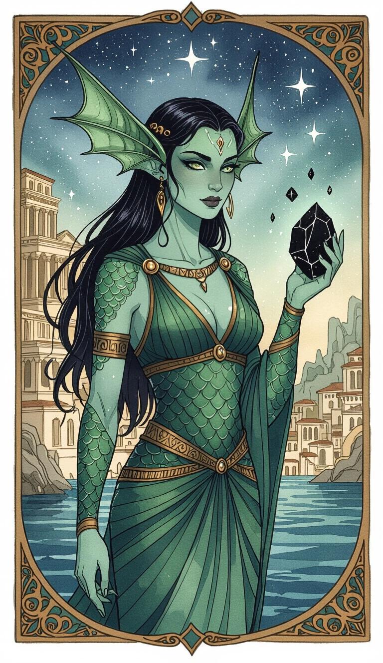 Dark watercolor illustration showcases a female Triton characterized by sharp finned ears and green-blue scaled skin. Background illustrates an Ancient-Grecian-Fantasy port city. Dressed in ancient-Greek-style clothing while holding a magic black stone. Character features long slicked-back hair and a connection to stars.