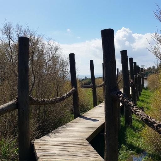 Historical pier in Pimentel featuring a wooden walkway surrounded by nature and unique features of coastal greenery.