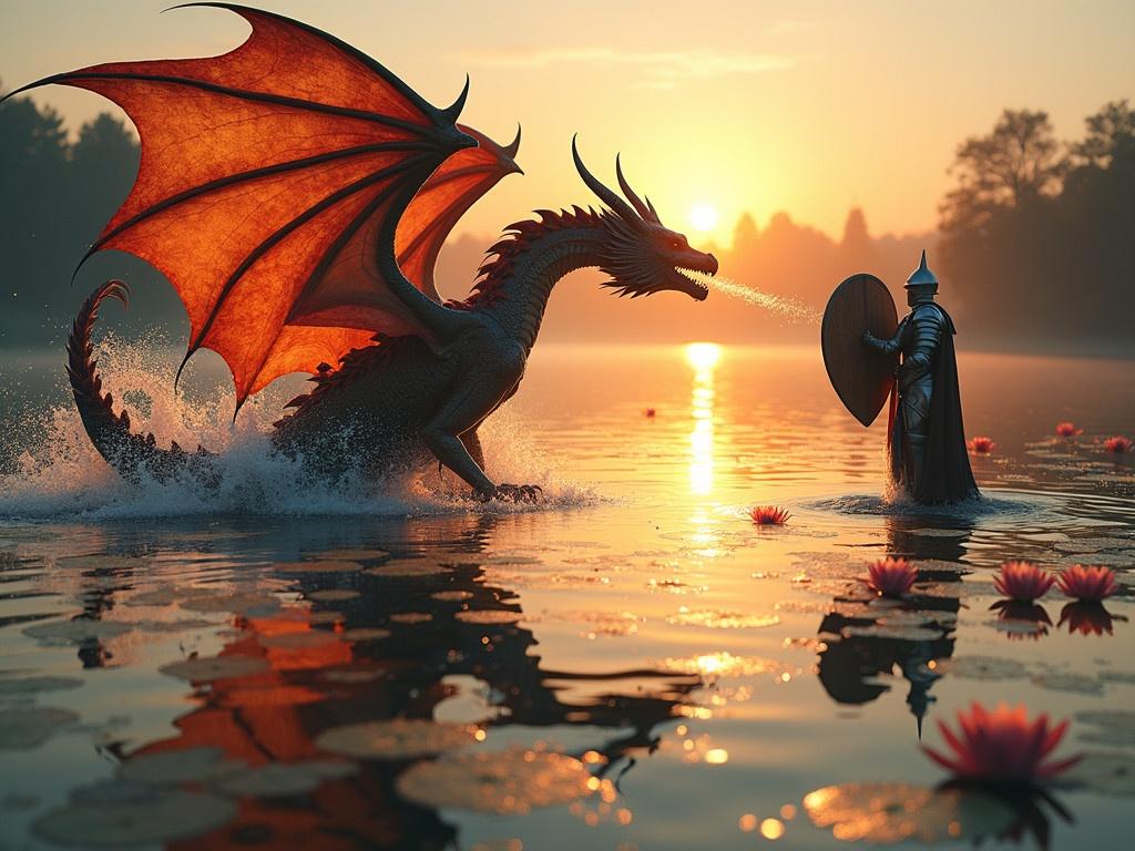 A magnificent dragon stands on the surface of a tranquil pond, sending splashes of water around its feet as it breathes fiery breath towards a knight who courageously raises his shield. The background reflects the serene beauty of the water lilies floating on the calm water, surrounded by the warm hues of a sunset illuminating the scene. The knight, clad in shining armor, stands on the opposite side of the pond, ready to face the fierce creature. The contrast between the dragon's vibrant flames and the soft pastel colors of the water brings the scene to life. In the distance, the silhouettes of trees can be seen, completing the enchanting atmosphere.