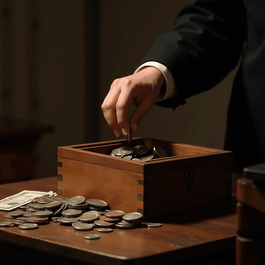 The image depicts a wooden box filled with coins, with a person's hand reaching in to pick up a coin. The box is open, revealing a sizable accumulation of coins inside and scattered on the wooden table around it. The scene is bathed in warm, soft lighting, which creates a cozy and somewhat vintage ambiance. To the left of the box, some paper money lies flat on the table, adding to the sense of monetary abundance. The person's hand is elegantly positioned, suggesting a careful or deliberate action of counting or sorting the coins. The presence of a black sleeve hints at formal attire, possibly indicating a professional setting.