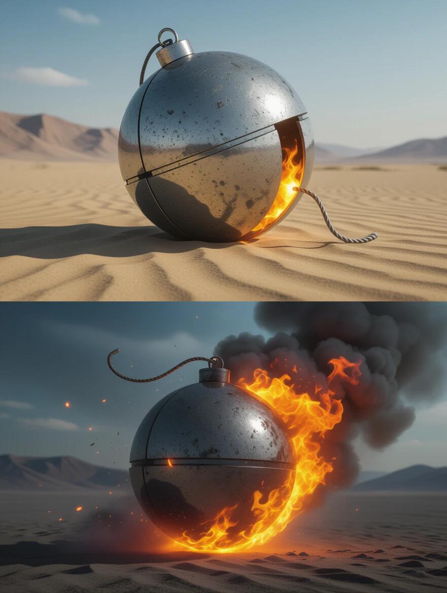 Metallic sphere resembles a bomb with a burning wick in a desert setting. Flames consume the wick with smoke billowing around. Focusing on the sphere's texture and lighting.