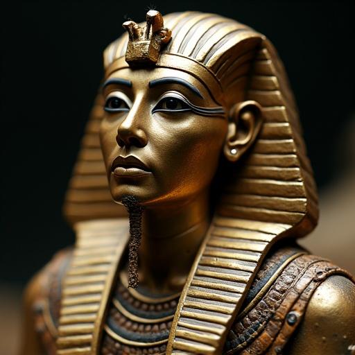 Extreme close-up of a pharaoh mummy with an ultra-realistic texture and warm colors. Emphasis on fine details of the facial features. Shot with specific camera settings.