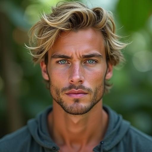Professional medium close up image of a handsome muscular young man. He has tousled blonde hair and bright blue eyes. Outdoor setting with soft diffused natural lighting. Background of blurred foliage focuses on his face. Youthful yet rugged appearance. Relaxed expression with a hint of smile. Well-defined facial features with stubble. Muscular physique and healthy appearance. Wavy golden-blonde hair with natural highlights.
