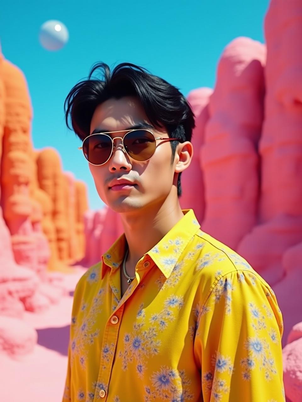 The image features a person wearing sunglasses and a bright yellow floral shirt standing in a surreal pink rocky landscape. The sky is a vibrant blue, with a mysterious spherical object floating in the air. The colorful composition and dynamic background create a dreamlike atmosphere.