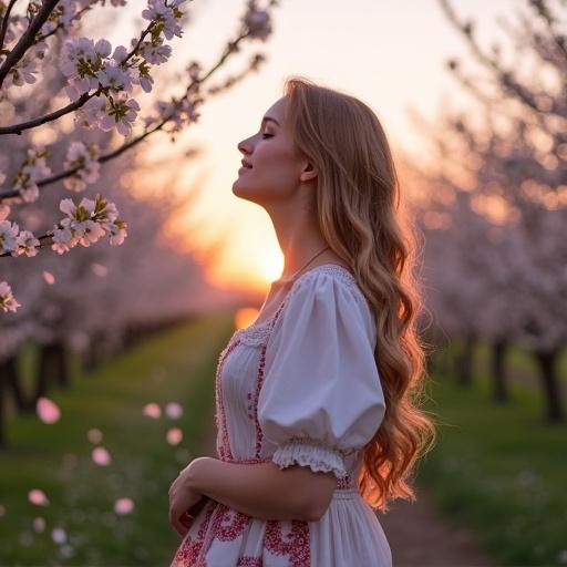 Lithuanian cherry orchard in full bloom. White petals fall gently in the wind. A woman wears traditional Lithuanian attire. She stands in peace and sings. The golden hour light creates a soft glow. The sky shows pastel hues of purple and light blue.