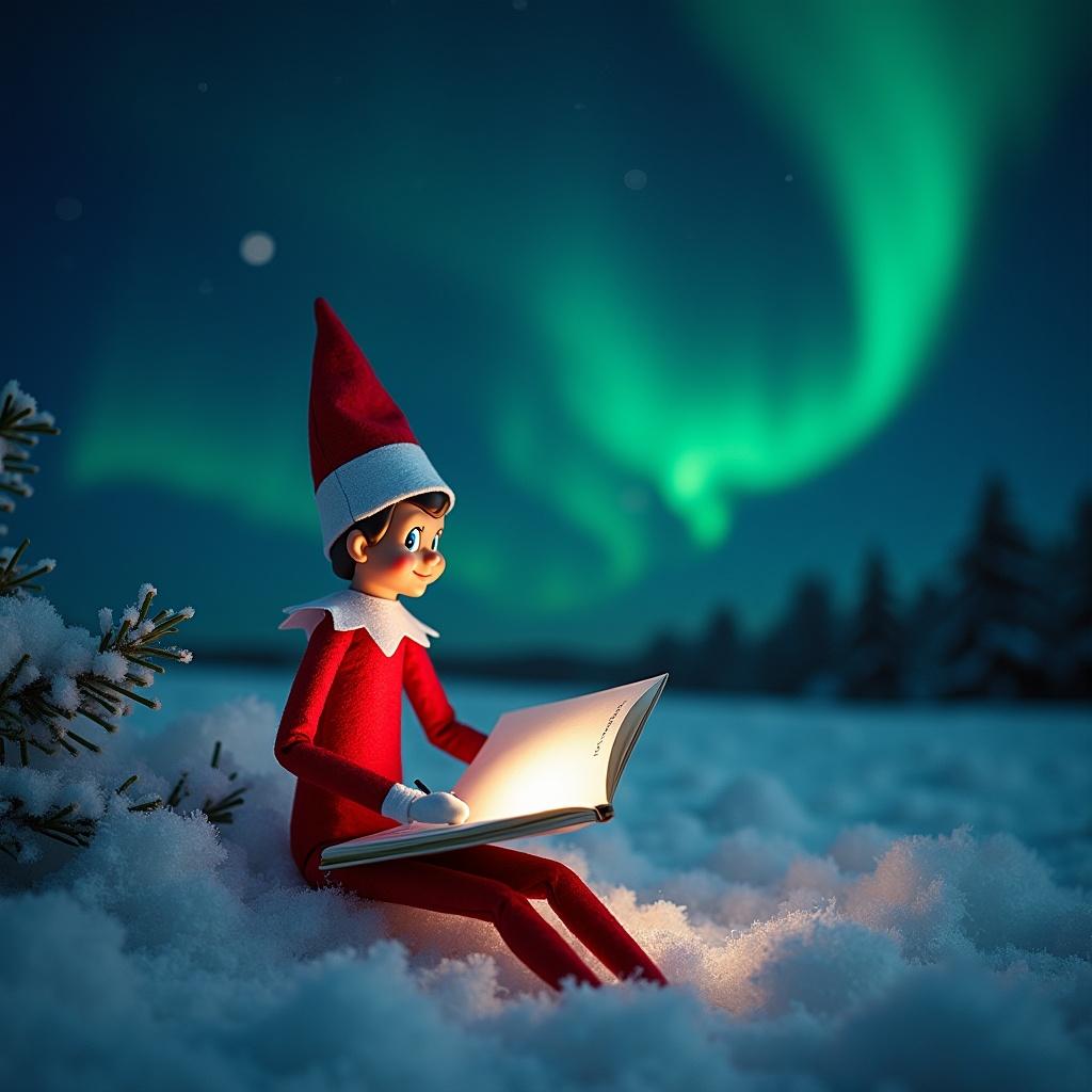 Elf on the shelf reading in the snow at night. Northern lights glowing in the background. Enchanted winter scene.