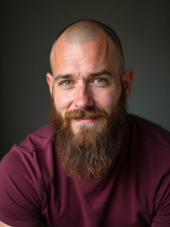 Portrait of a man with green eyes and a long beard. He has a shaved head and is muscular. He wears a maroon t-shirt and has a shy smile.