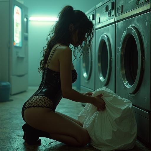 A dominatrix kneels in a laundromat wearing a sequined latex corset and fishnet stockings. She touches a broken washing machine as steam rises. The lighting is eerie and flickering. A single feather drifts at her feet while she folds laundry. Her expression is a mix of contemplation and sorrow. There's a hint of mystery in her reflection in a cracked mirror.
