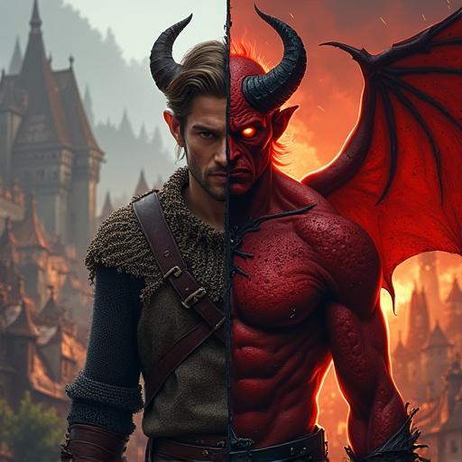 Character design of a fantasy split-personality character divided vertically. Left half warrior in chainmail with calm expression and short brown hair. Right half powerful demon cambion with red skin and horns. Background is medieval town on left and fiery hellscape on right. Hyper-realistic style with bold color accents.