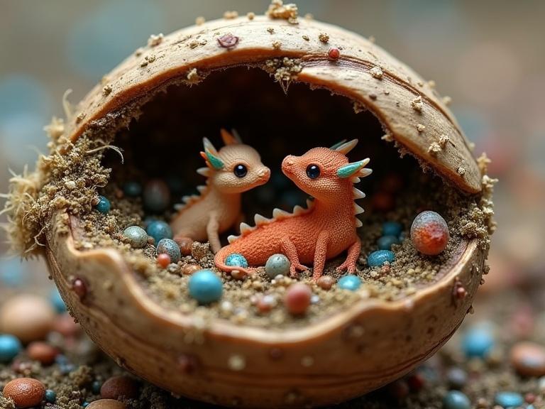Detailed image of a cute nest inside a walnut shell with tiny baby dragons. The scene shows intricate textures and materials like jute fibres and sand. Reflects a magical and layered composition. Captures beautiful luminous colors. Emphasizes depth and mixed media elements.