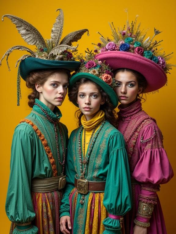 Surreal portrait of three gypsies. Dressed in eccentric attire. Colors of green and magenta, yellow and blue. Intricate details with hyperrealism. Background in yellow ochre and burnt sienna.