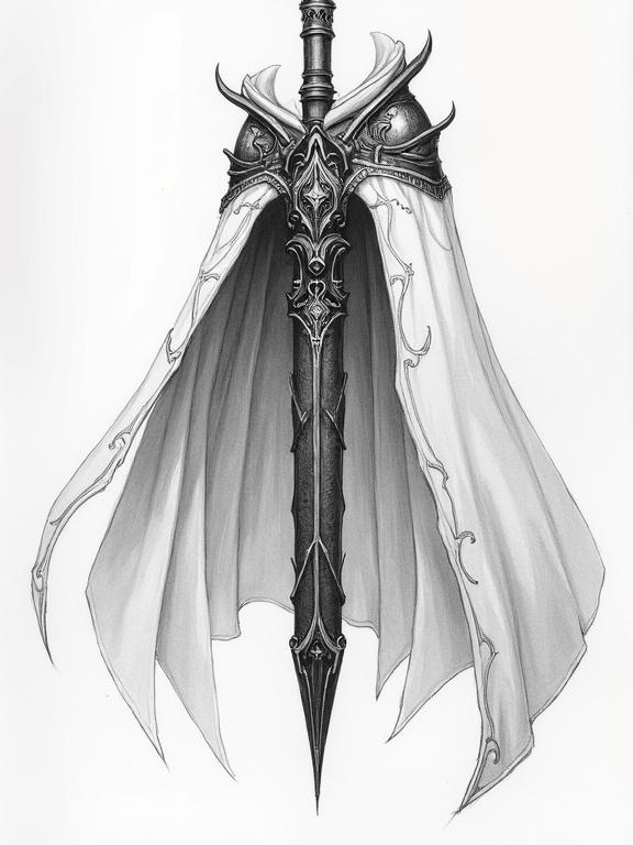 A detailed pen sketch featuring a metal sword with an ornate design and a flowing cape.