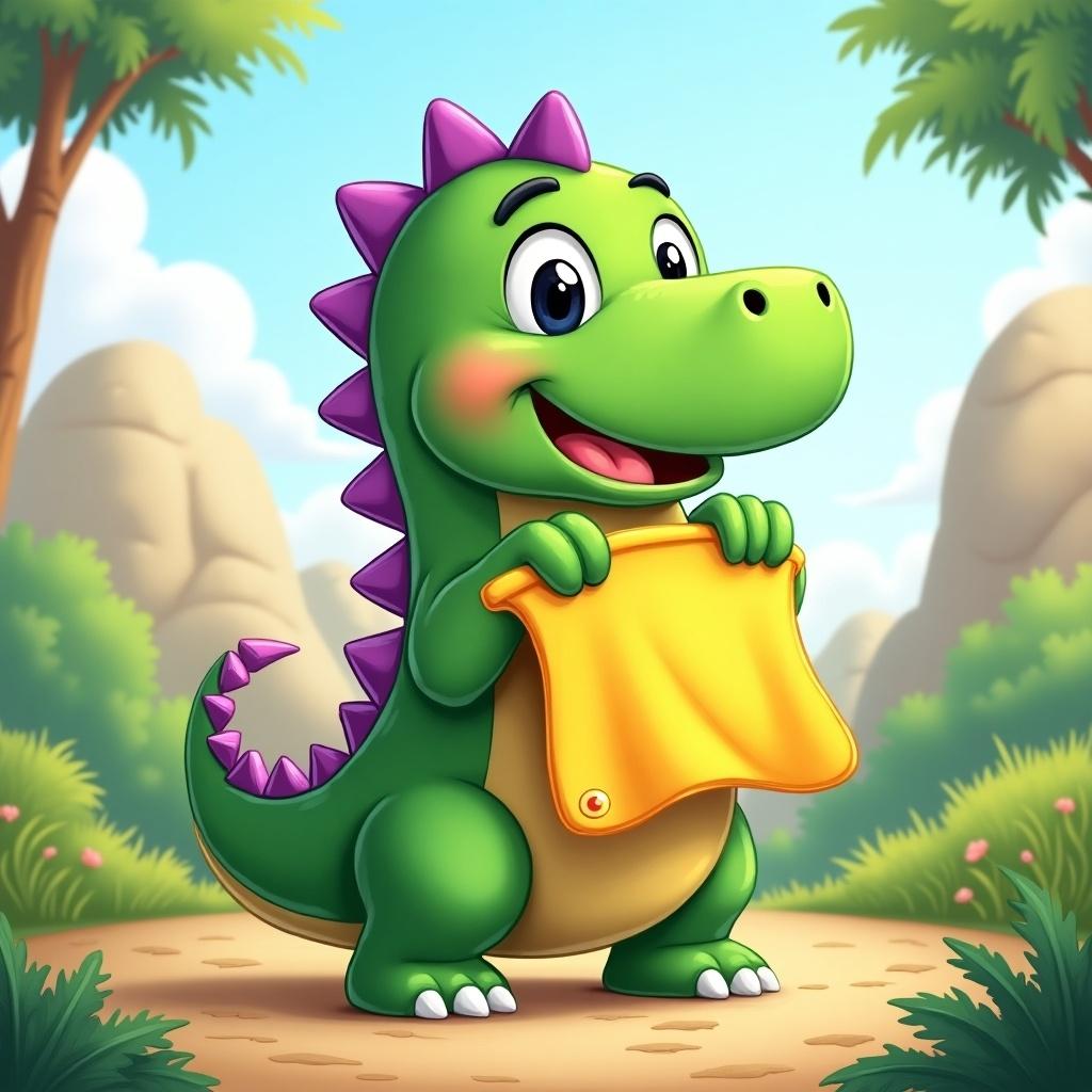 Vibrant depiction of a green dinosaur character. Character features purple spine and cheerful expression. Dinosaur holds yellow blanket. Colorful landscape typical of a child's imagination.