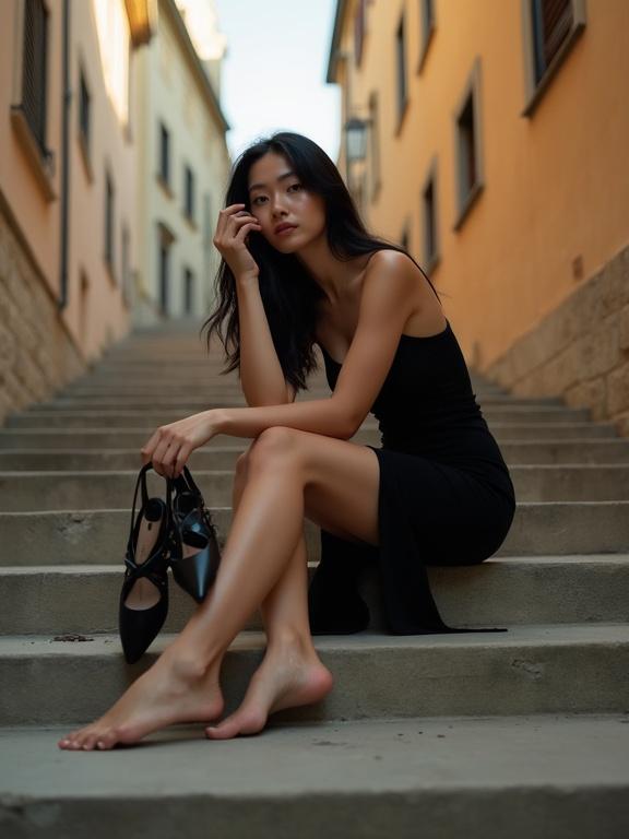 Young woman sits on wide concrete stairs with bare feet. She holds black high heels. Long black hair falls over shoulders. Wears sleek black dress. Pastel facades of buildings surround her. Scene is warm and moody, like a fashion editorial.