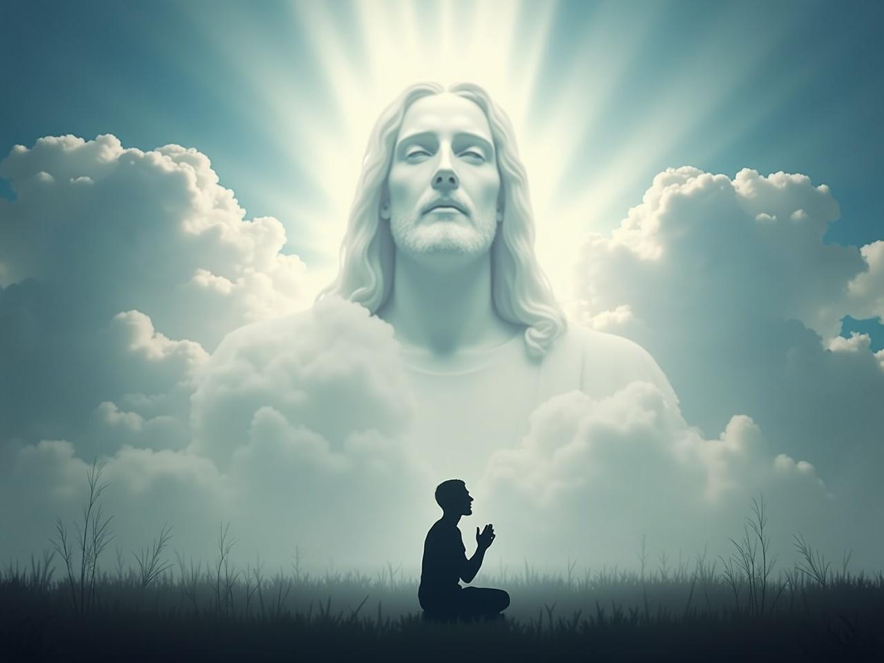 The image shows a serene landscape with a person kneeling in prayer. The person is silhouetted against a backdrop of dramatic clouds. Above them, a large, ethereal figure resembling Jesus appears within the clouds, with eyes closed and a peaceful expression. The sky is filled with fluffy white clouds, creating a mystical atmosphere. Rays of light seem to emanate from behind the clouds, enhancing the spiritual vibe of the scene.