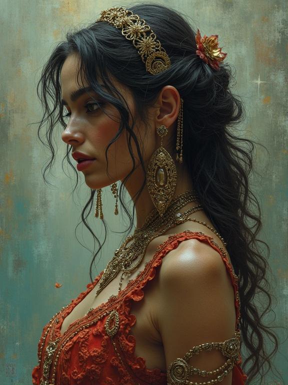 Portrait of a woman resembling the Queen of Sheba. She wears ornate jewelry and a flowing dress. Hair styled elegantly. Soft lighting enhances features. Rich color tones.