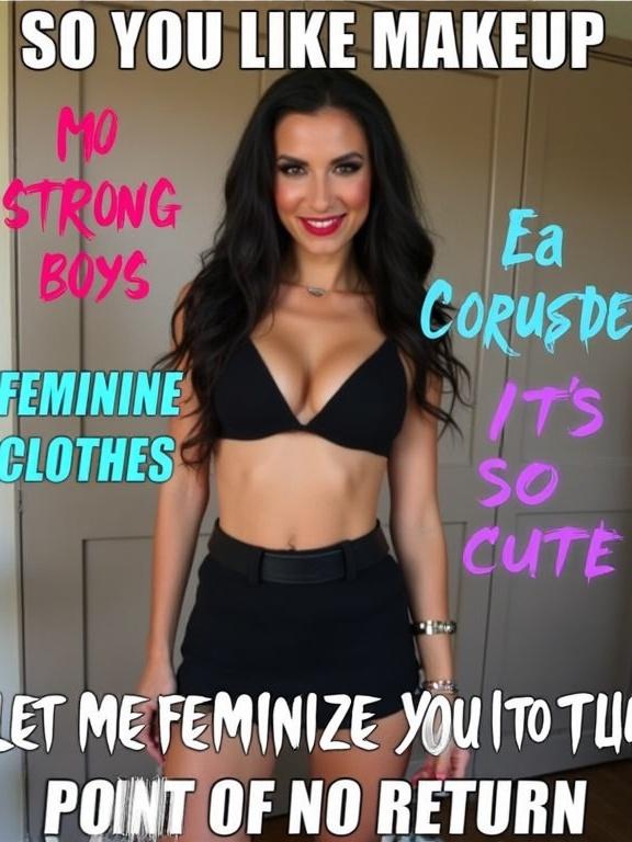 A meme featuring a feminine crossdresser wearing a black crop top and mini skirt. The expression is seductive. Dramatic makeup includes winged eyeliner and bold red lipstick. The background is a neutral interior with cabinetry. Text overlays include playful phrases about makeup and femininity.