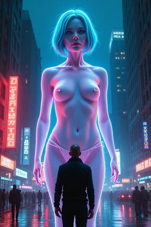 A cyberpunk city scene at night. A bald man stands with his back turned. He looks up at a colossal hologram of a woman. The hologram has pinkish skin and blue hair. The woman leans forward slightly. She points at the man. The city has tall buildings with neon signs. A phrase appears in a glowing font above her. The image is vertical, suitable for phone wallpaper.