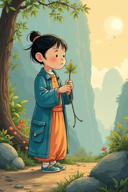 A young girl stands in a vibrant natural landscape holding a small stick. She has an innocent expression and wears a long coat. Lush greenery and rocky terrain surround her, with a serene background of mountains and a soft sun.