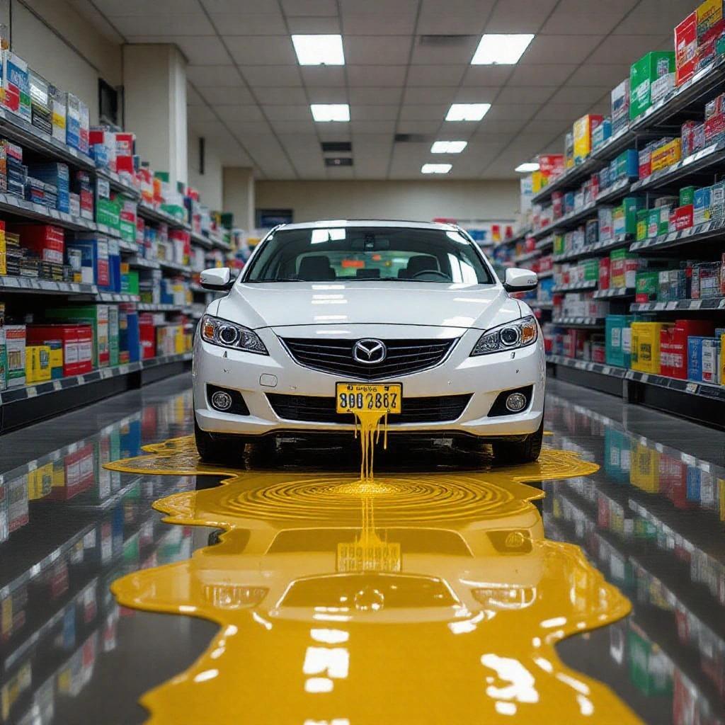 Cctv camera shot of a 2005 Mazda 6 leaking a puddle of clear yellow liquid in a supermarket aisle