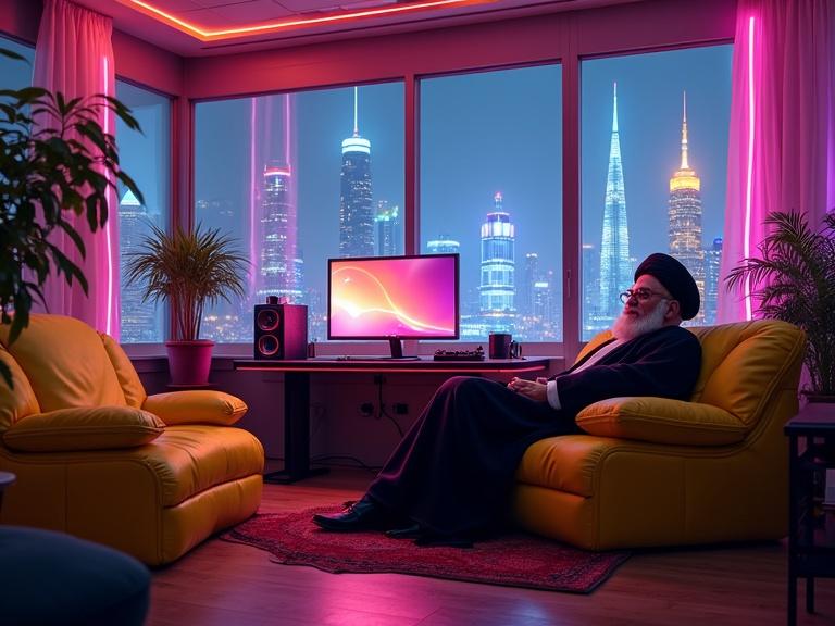 Relaxing figure on a neon yellow couch inside a cyberpunk-inspired gaming room. The individual enjoys a view of illuminated skyscrapers through large windows. Surrounding area features high-tech gadgets and colorful neon lights.