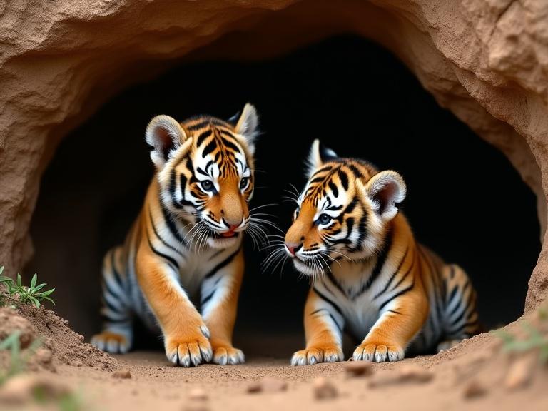 Two little tiger cubs are playing outside a cave. They are exploring and interacting with each other. The scene shows their playful nature against a natural background.