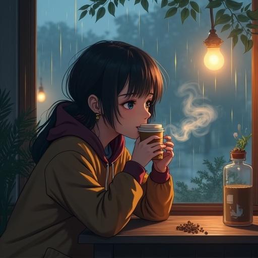 Gamer Girl in Lofi style drinking hot coffee. Smoke rising from cup. Outside rain falling. Detailed and picturesque outdoor scene.