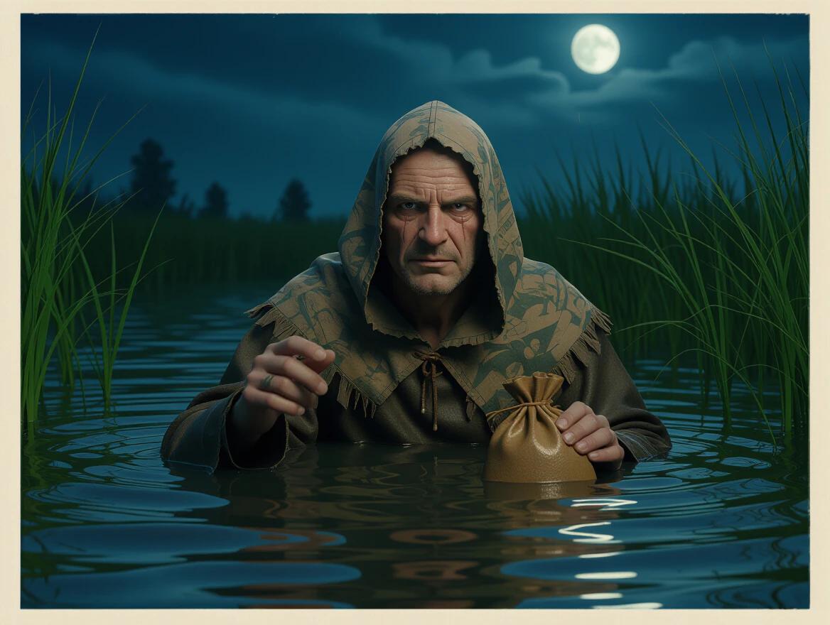 A man in rags from the 16th century, holding a small leather bag, in a swamp and starting to sink. Nighttime horror atmosphere with a full moon.
