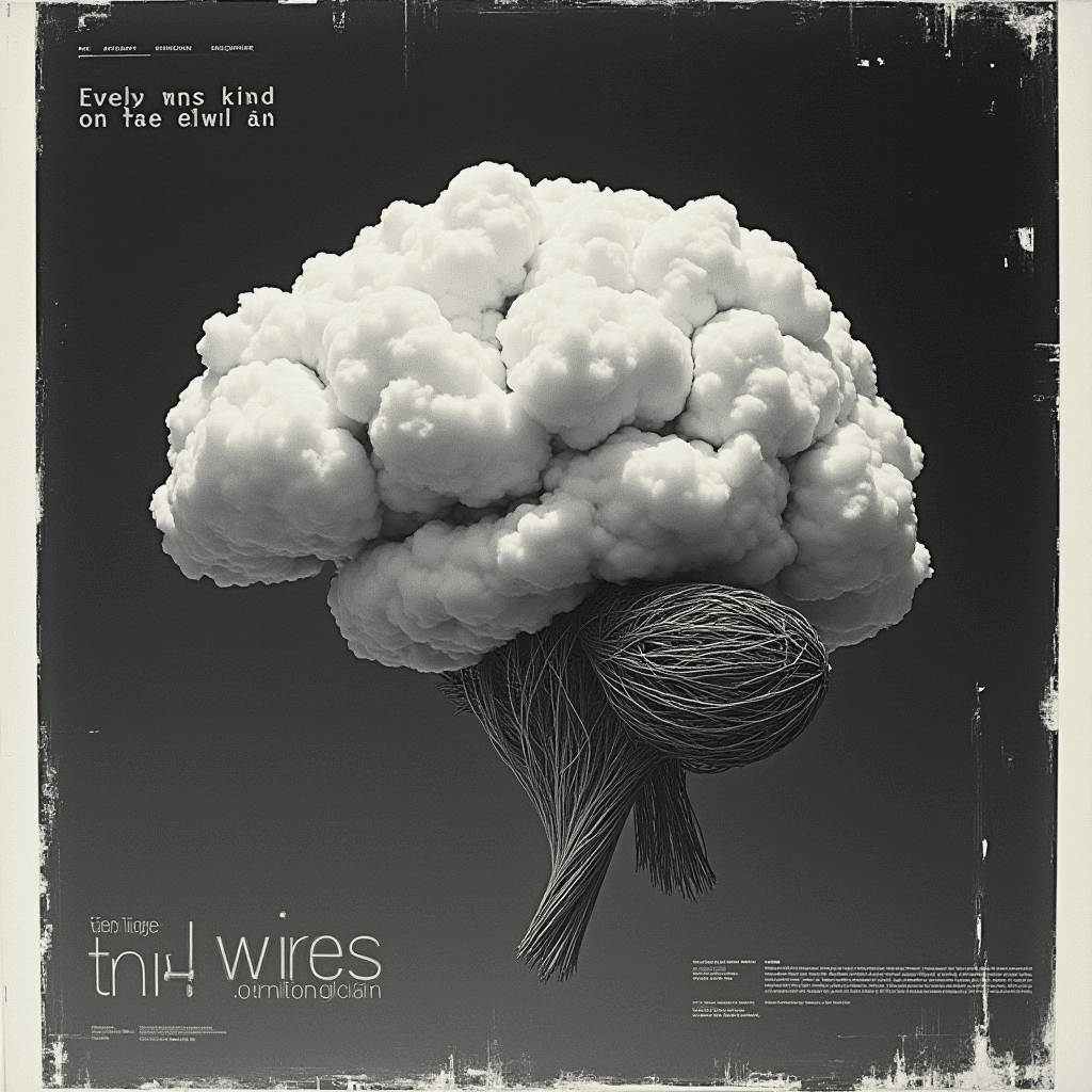 A surreal visual of a brain with a cloud-like surface and wire-like roots.