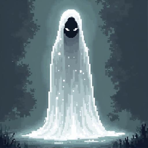 Pixel art depicts an Accused Fell Spirit. The spirit appears ghostly-white with a dark face and is surrounded by an eerie gray ambiance. The setting has a soft glow, resembling supernatural themes.