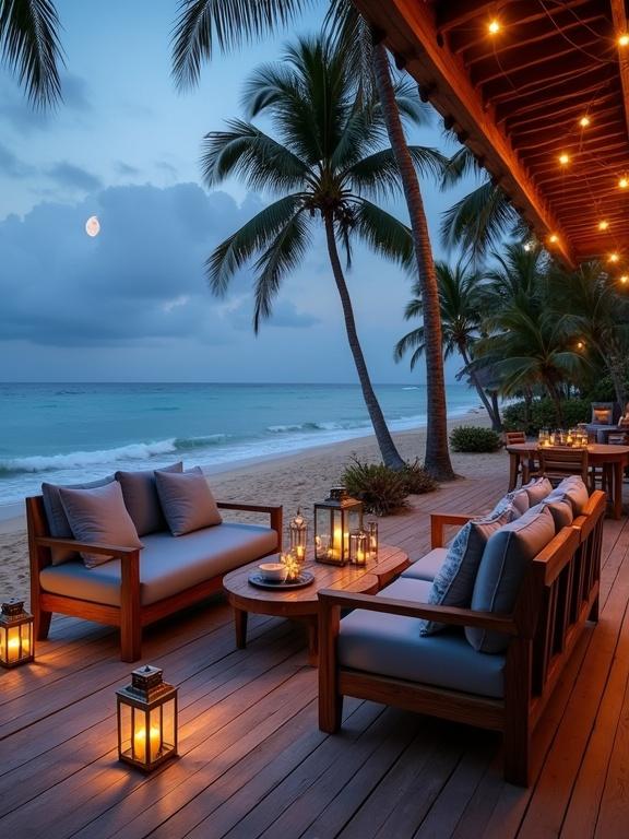 Image depicts a tropical beachfront deck lounge at twilight. Elegant comfortable furniture designed for relaxation includes four wide lounge chairs with dusty blue cushions and warm wooden frames. A small round coffee table holds a decorative lamp. Vintage bronze lanterns cast a warm golden glow. Scene framed by coconut palms with the soft ocean waves. The sky transitions from dusk to night with shades of blue and purple.