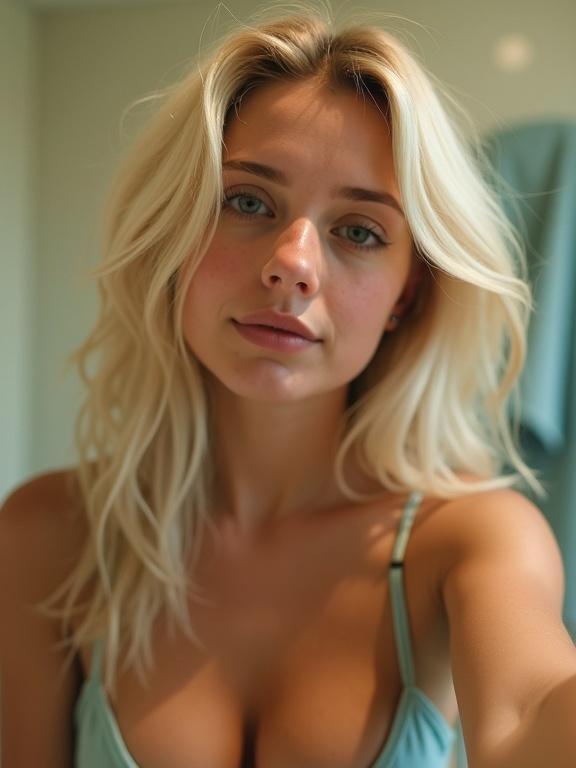 Young blonde woman taking a selfie in her bathroom. She has natural makeup and casual style. Indoor lighting creates highlights on her face. Slightly pixelated and low resolution.