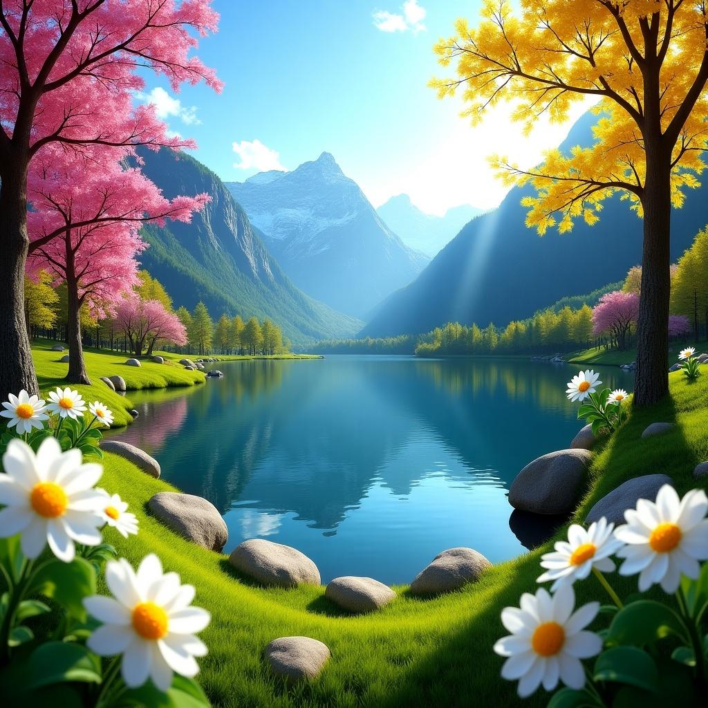 Highly saturated vivid nature scene with clear blue sky. Colorful trees frame a calm lake. White flowers and rocks in foreground. Two ceramic mugs and sandwiches on a table.