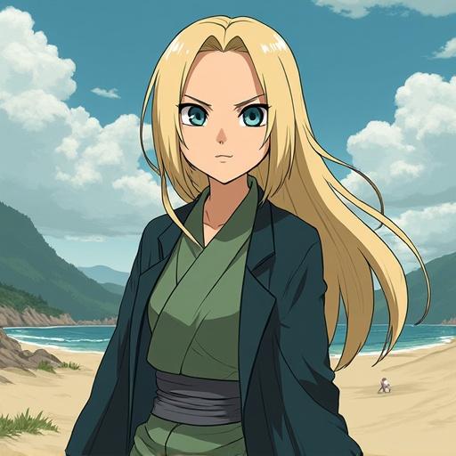 Anime character with long blonde hair wears a green outfit. Character stands on a beach. She has a determined expression. Features detailed background with mountains. Character has a strong presence.
