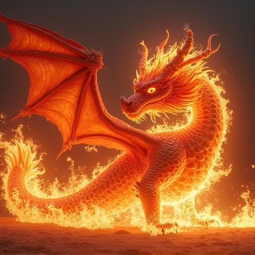 Large dragon made of flames. Dragon appears powerful and fierce. Flames surround and form the dragon's body.