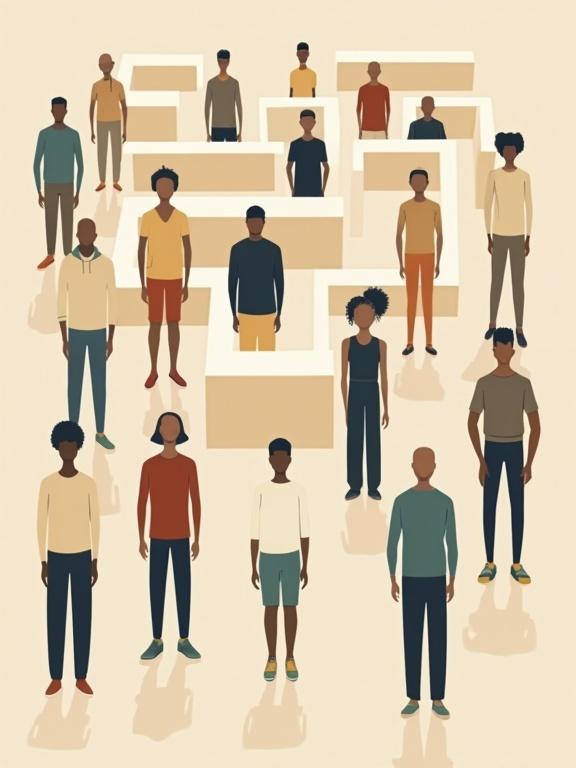 Minimalist flat vector illustration depicting a maze with faceless diverse humans. Characters feature abstract shapes and exaggerated body types. Clothing is practical in neutral colors. Illustrative style is clean with sharp shapes and playful postures.