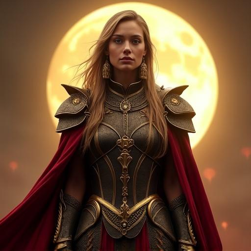 A captivating figure stands confidently in ornate armor featuring golden details and large earrings. A deep red cloak flows behind. The moon shines brightly in the background, creating a warm atmosphere. The figure poses relaxed yet powerful, emanating mystery.