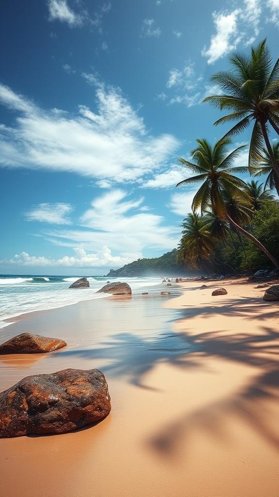 A tranquil tropical beach with golden sands, palm trees, and azure waters under a bright blue sky.