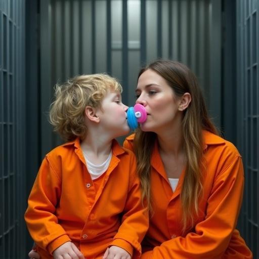 Mother sits with child in a jail cell. Both wear orange jumpsuits. The child has a blue pacifier. Child sits on mother's lap. Mother kisses child and playful explains prison rules. Both figures convey a sense of innocence despite surroundings.