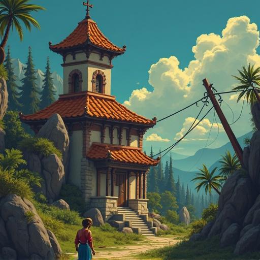 Image of a picturesque traditional building surrounded by lush greenery and mountains in the background